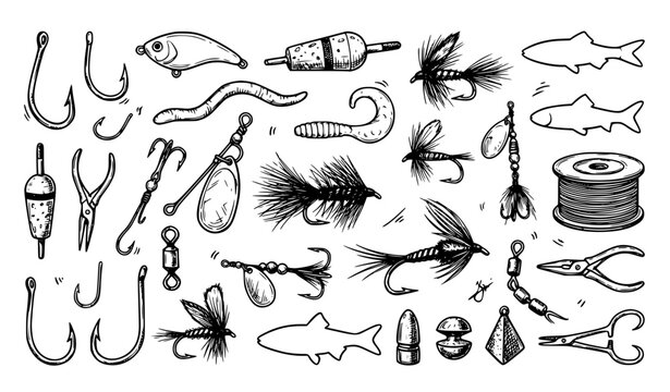 Fishing Tackle Hand Drawn Sketch Collection with Hooks Bobbers Lures and Fly Baits Vector