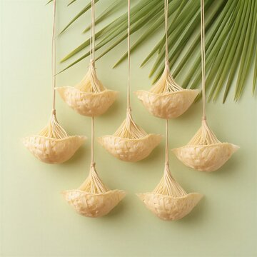 Woven ketupat rice dumplings with pandan leaves on pastel background greeting card layout with copy space