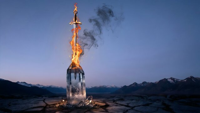 Sword in Stone Surrounded by Flames and Ice at Dusk in Nature