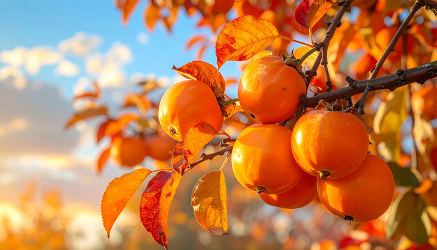 秋　柿の実 木の枝 秋 食欲の秋 実り 澄んだ空 Generative AI  

