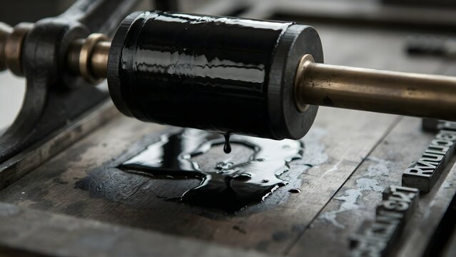 Close-up of Ink Roller on Printing Press with Black Ink Spill