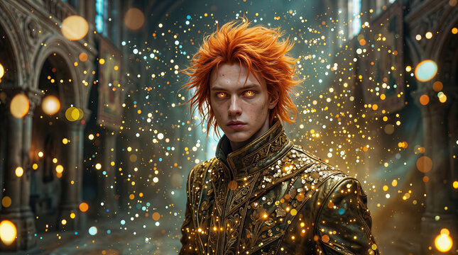 Caucasian male sorcerer with glowing eyes and spiky orange hair standing amid magical golden sparks in cathedral. Concept of wizard magic, fantasy power, sorcery casting, and mystical aura.