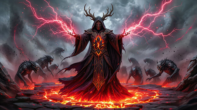 Antlered dark sorcerer standing over glowing volcanic lava summoning red lightning storm with demonic minions. Concept of underworld fantasy magic, dark power, and occult mythology.