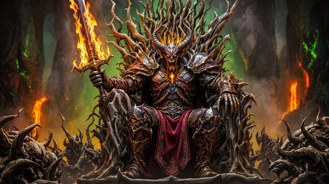 Demonic horned armored warrior holding blazing fire sword while sitting on thorny iron throne in underworld. Concept of dark fantasy king, evil ruler, and mythological hell monarch.