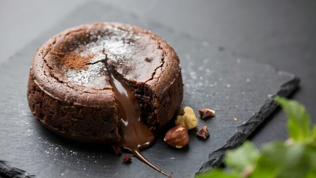 Decadent Chocolate Lava Cake with Hazelnuts on Black Plate