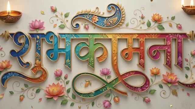Colorful Shubh Kamnaye Hindi lettering with lotus flowers and elegant Indian decorative design for festive greetings