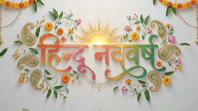 Hindu New Year greeting in Hindi with colorful 3D Devanagari lettering and radiant rising sun design