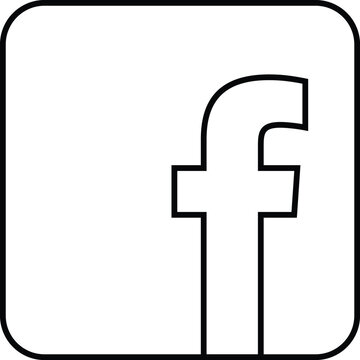 A black and white line of the facebook social media featuring a bold outline of the letter f inside a rounded square frame