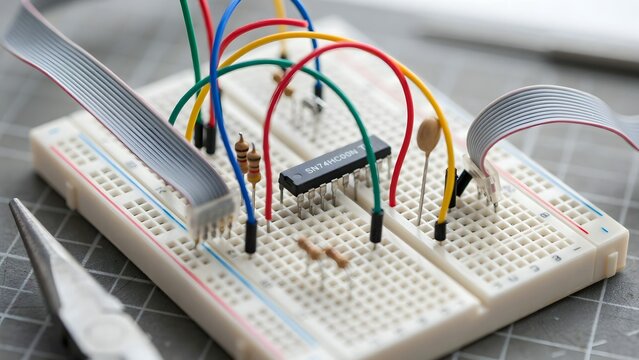 Electronic components on a breadboard with colorful jumper wires