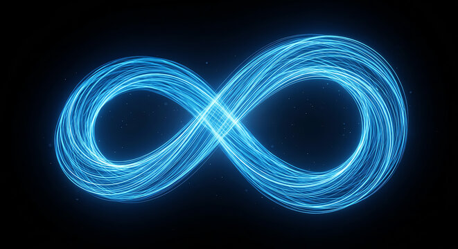 A glowing blue digital infinity symbol made of interconnected light particles floating against a deep black background representing eternal connection and modern technology concepts