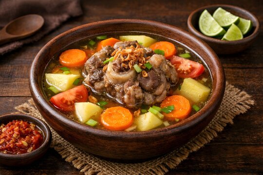 Premium Indonesian Sop Buntut Oxtail Soup in Clear Glass Bowl