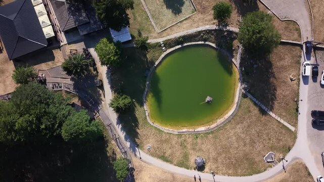 Aerial Top Down View Small Artificial Pond Lake in Javorov Do Mountain Resort Bjelasnica Bosnia