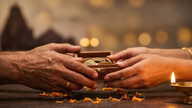 Hands Exchanging Gold Coin Box Beside Diya &ndash; Savings and Prosperity.