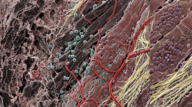 Stem cell regenerating damaged skeletal muscle tissue, demonstrating microscopic fiber growth, capillary blood vessel network, extracellular matrix collagen structure, medical research bioengineering.