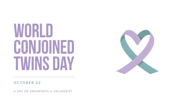 Conjoined twins day awareness with a heart shaped ribbon in lavender and teal colors on a white background, for october 22nd event