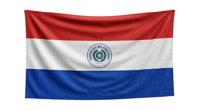 Paraguay flag hangs isolated on a clean white background representing south american nation pride.