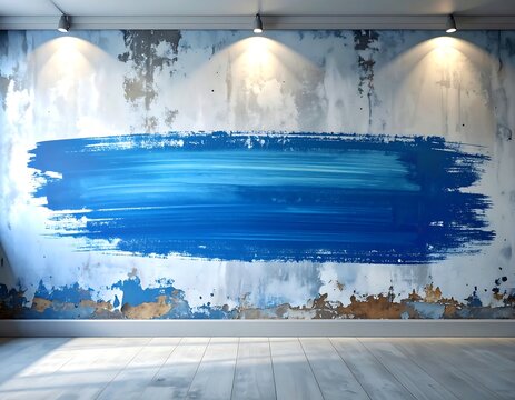 Blue paint roller brush stroke on grunge texture concrete wall with spotlights in modern empty room interior background