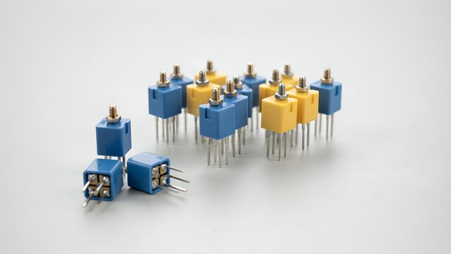 Colorful Electronics Components in Yellow and Blue on White Background