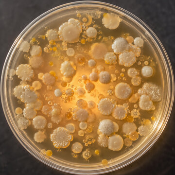 Probiotic Bacterial Colonies Growing on Agar in Petri Dish.