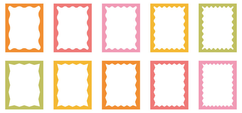 A collection of rectangle frames with wavy edges. Color squiggle stories frames set. Zigzag wavy edges, retro scallop frames, psychedelic rectangles, photo frames, text boxes. 