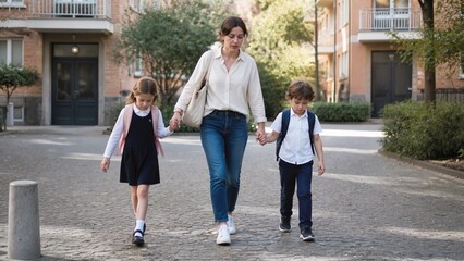 Fototapeta premium Weary mother helping children cross busy courtyard with kids holding hands. Mother walks alongside her two children in urban environment, guiding them carefully.