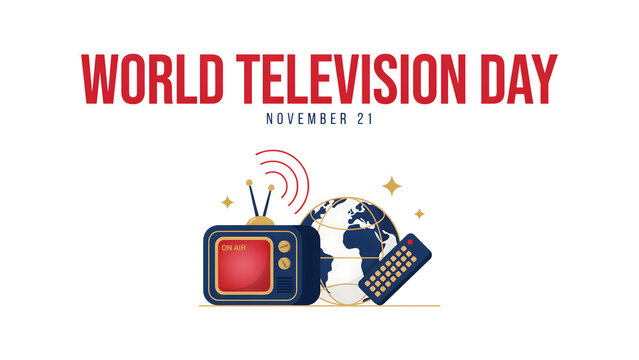 Television day november 21 with vintage television, global globe network, and remote control on white background