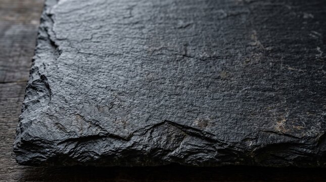 A close up view of a dark textured slate stone plate on a wooden surface