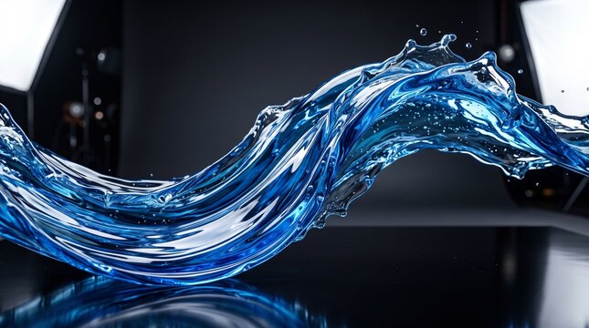 Dynamic blue water splash flowing in a wave shape against a dark studio background