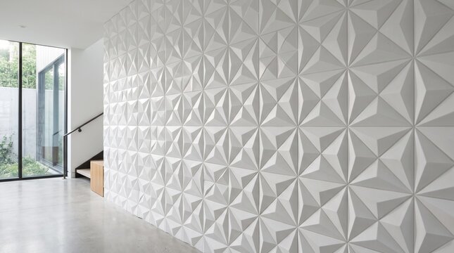 Modern interior hallway featuring a decorative white geometric 3d wall panel with soft lighting