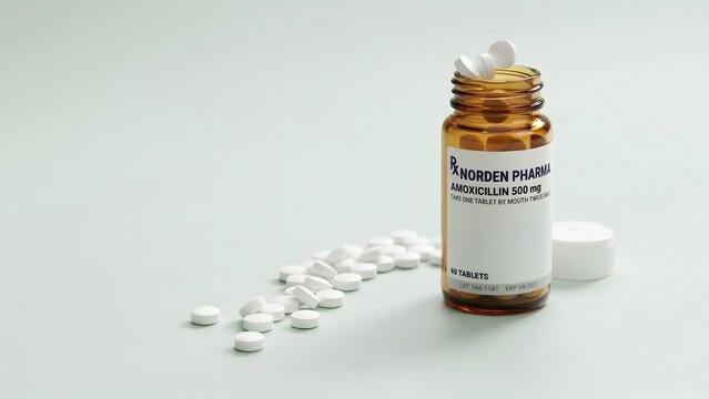 Prescription Amoxicillin Tablets in Bottle with Spilled Pills on Surface