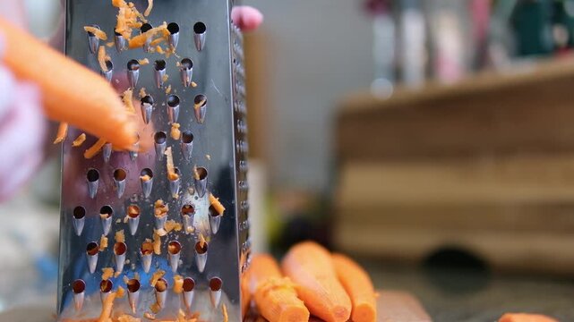 Female hand grating a fresh carrot on a box grater and lifting the grater to reveal a pile of freshly grated carrot