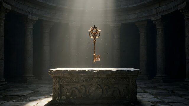 Golden Key Illuminated in Ancient Stone Temple Surrounded by Light