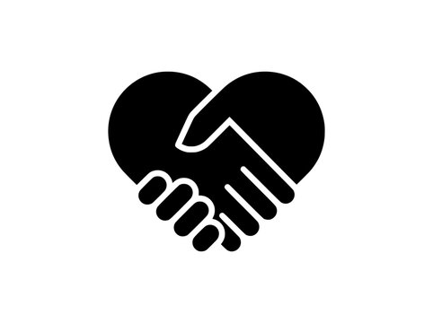 Heart handshake icon vector, black silhouette of hands shaking in heart shape, charity and partnership symbol for business branding