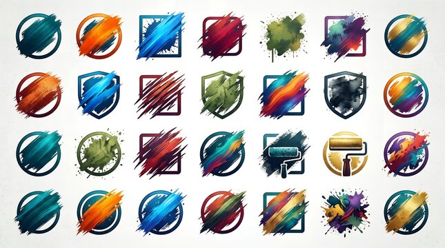Graphic logo badge templates with vibrant paint brush strokes inside geometric shapes for branding and label design.