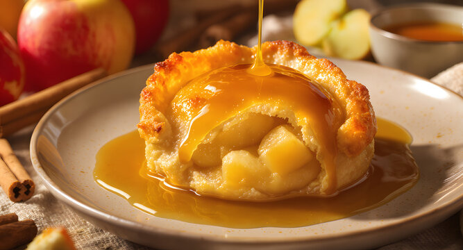 Golden maple syrup pouring onto a freshly baked apple dumpling, showcasing the warm fruit filling inside the crispy pastry crust, celebrating National Apple Dumpling Day in close-up detail.