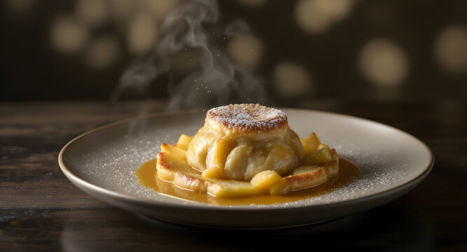 Hot steaming baked apple dumpling dusted with powdered sugar, served on a ceramic plate with caramel sauce and apple slices for National Apple Dumpling Day against a warm bokeh background.