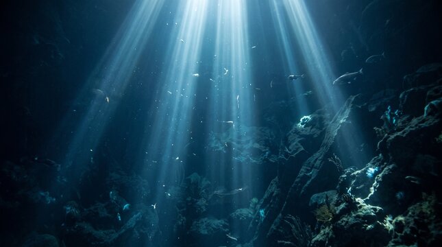 Rays of sunlight penetrate the deep blue ocean illuminating a vibrant coral reef ecosystem below