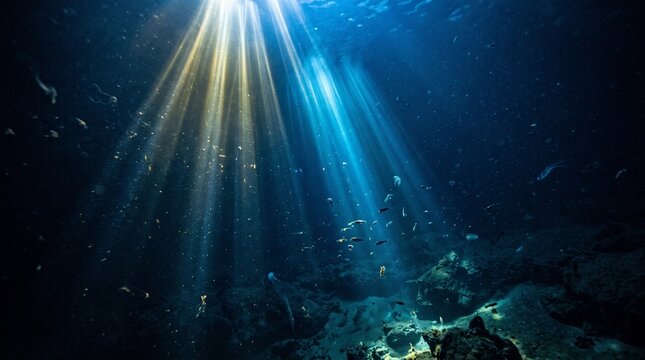Dramatic underwater scene with sunbeams filtering through the deep blue ocean water