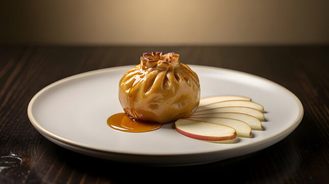 A gourmet baked apple dumpling drizzled with golden caramel sauce, served on a white plate alongside elegant fresh apple slices, celebrating National Apple Dumpling Day on a dark wooden table.