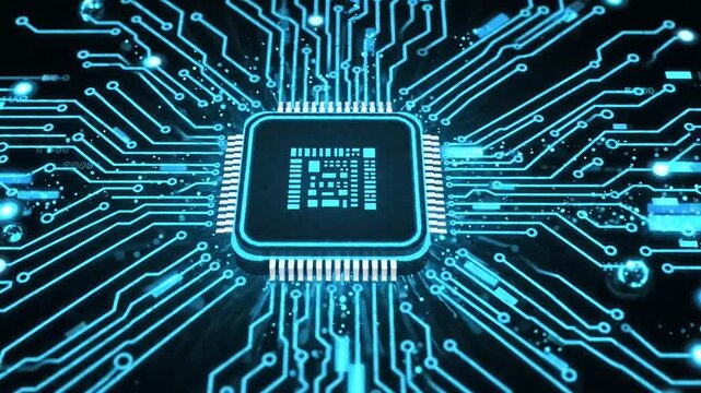 Glowing microchip processor animation with blue circuit board lines