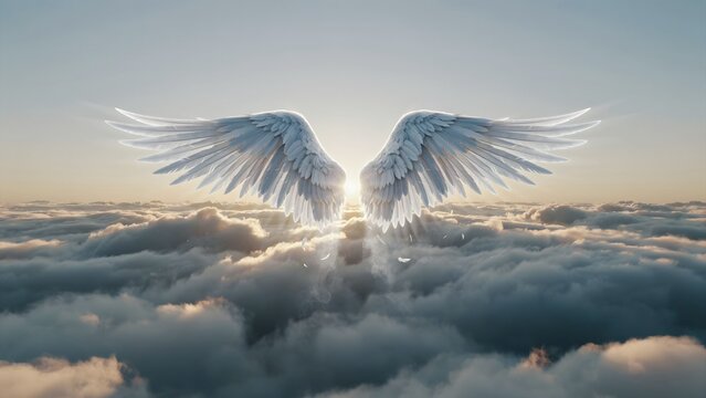 Heavenly Angel Wings Above Soft Clouds at Sunset Light