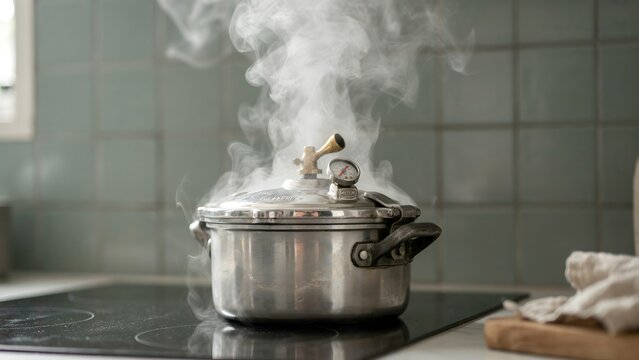 Steam Rising from Pressure Cooker on Modern Kitchen Countertop