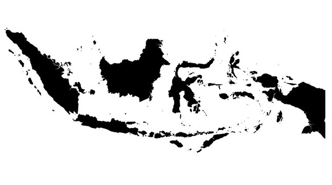 Black and white minimalist map of the Indonesian archipelago highlighting the country's extensive islands, coastline, and geographic territory.