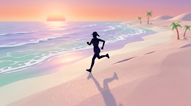Woman silhouette running on a tropical beach at sunset