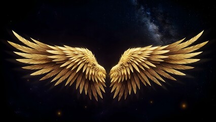 Fototapeta premium Golden Angel Wings with Shimmering Feathers on Dark Background