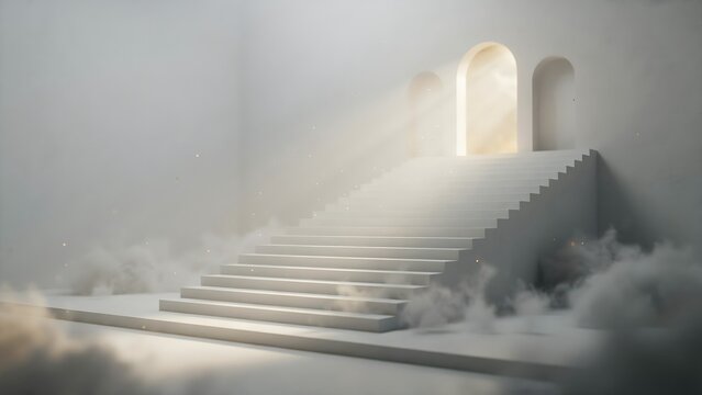 Ethereal Staircase Leading to Illuminated Archway in Misty Atmosphere