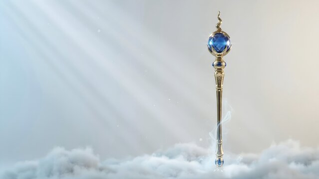 Golden Staff with Blue Gemstone Surrounded by Ethereal Fog
