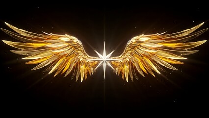 Fototapeta premium Golden Angel Wings with Radiant Star in Dark Background