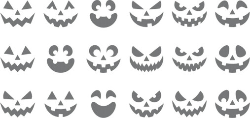 Fototapeta premium Halloween Pumpkin Faces Vector Spooky Scary Creepy Smile Jack O Lantern Carved Icons Isolated