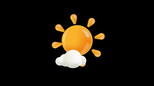 Animated 3D weather symbol transitioning between sun with cloud and crescent moon with stars, isolated with alpha channel for forecast and interface graphics